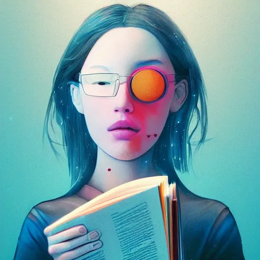 Prompt: colourful vfx upper half - portrait - a girl reading a book, art by katsuhiro otomo & james jean, digital render, digital illustration, concept art, caricature, volumetric light, ray tracing, symmetrical, unreal engine, octane 3 d render, sharp, detailed, intricate detail, pinterest, behance, art station