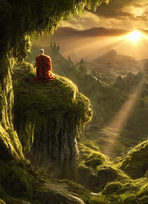 Image similar to a cosmic monk in lord of the rings scenery landscape, looking out at a vast lush valley at sunrise, alien temple on another planet, god's rays, highly detailed, vivid color, cinematic lighting, perfect composition, 8 k, gustave dore, derek zabrocki, greg rutkowski, belsinski, octane render