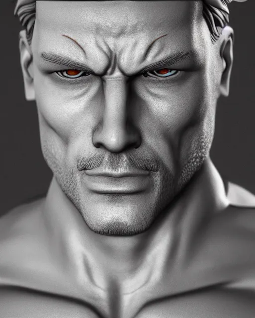 Prompt: solid snake bust portrait, cinematic lighting, backlit face, tired expression, close - up, black atmospheric background, 4 k ultra detailed photorealistic render, best of artstation hdr, official artwork hdr, redshift houdini