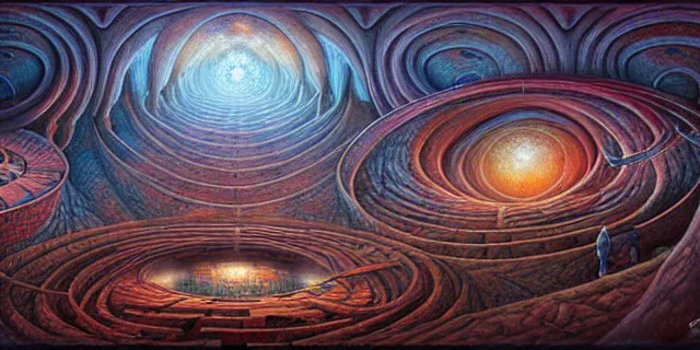 Prompt: painting of a labyrinth in the style of nebulapunk by dan seagrave and tomasz alen kopera