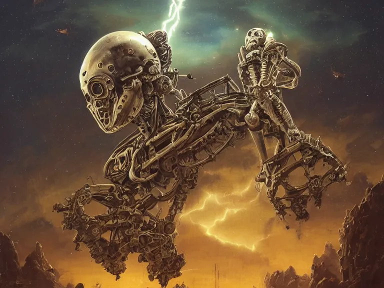 Image similar to a detailed profile oil painting of a skeleton in a space armour, cinematic sci-fi poster. technology flight suit, bounty hunter portrait symmetrical and science fiction theme with lightning, aurora lighting clouds and stars by beksinski carl spitzweg and tuomas korpi. baroque elements. baroque element. intricate artwork by caravaggio. Trending on artstation. 8k