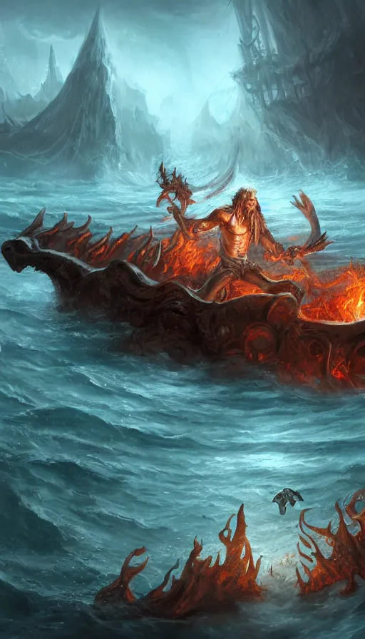 Image similar to man on boat crossing a body of water in hell with creatures in the water, sea of souls, by blizzard concept artists