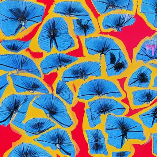 Prompt: Artwork of blue morpho butterflies by Andy Warhol, Jasper Johns, and James Rosenquist