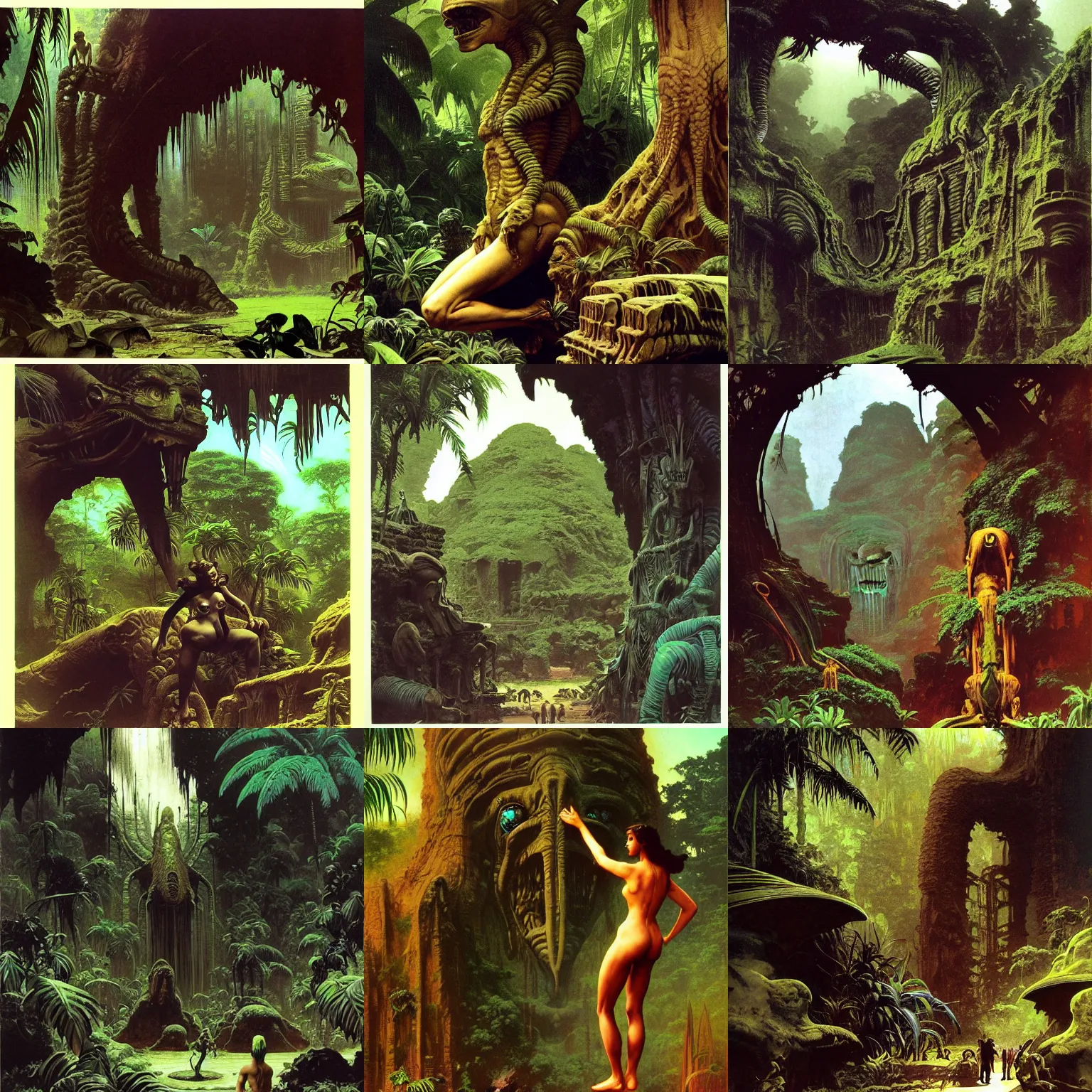 Prompt: asimov alien deep ancient jungle fantasy ruins flora fauna by syd mead, frank frazetta, ken kelly, simon bisley, richard corben, william - adolphe bouguereau