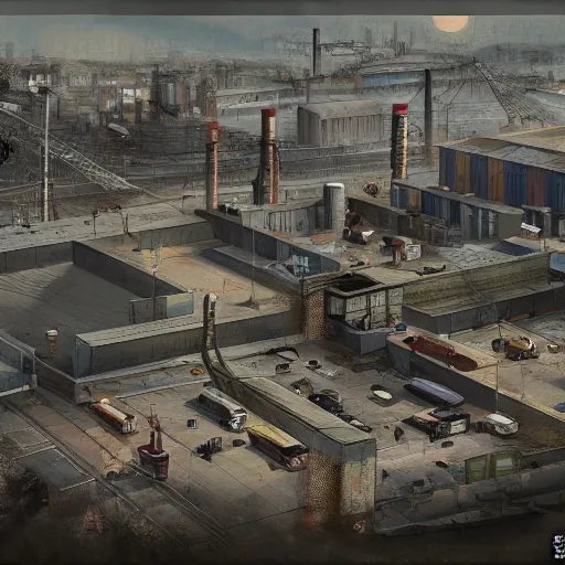 Image similar to An industrial, gloomy city, in the style of Disco Elysium concept art