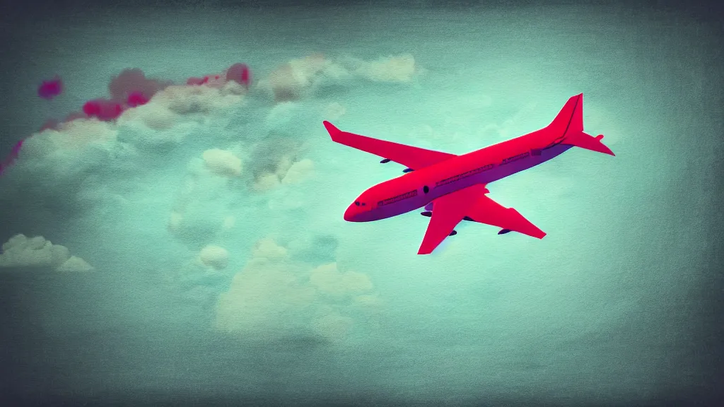 Image similar to airplane over narita airport, a collage painting, in the style of wes anderson, lola dupre, david hockney, isolated on negative space background dark monochrome neon spraypaint accents volumetric octane render