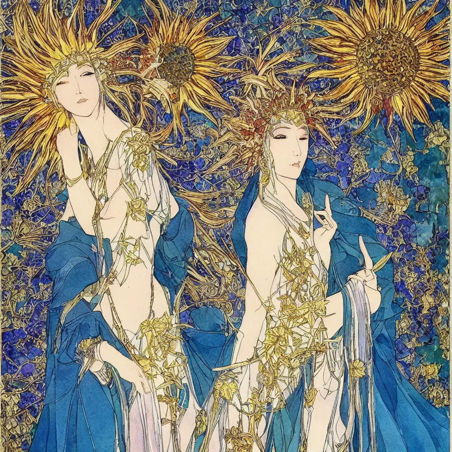 Image similar to watercolor, final fantasy character design, east-asian queen-goddess wearing a shiny golden sunflower crown, character portrait, angelic, shrouded in soft blueish smoke, harry clarke artwork