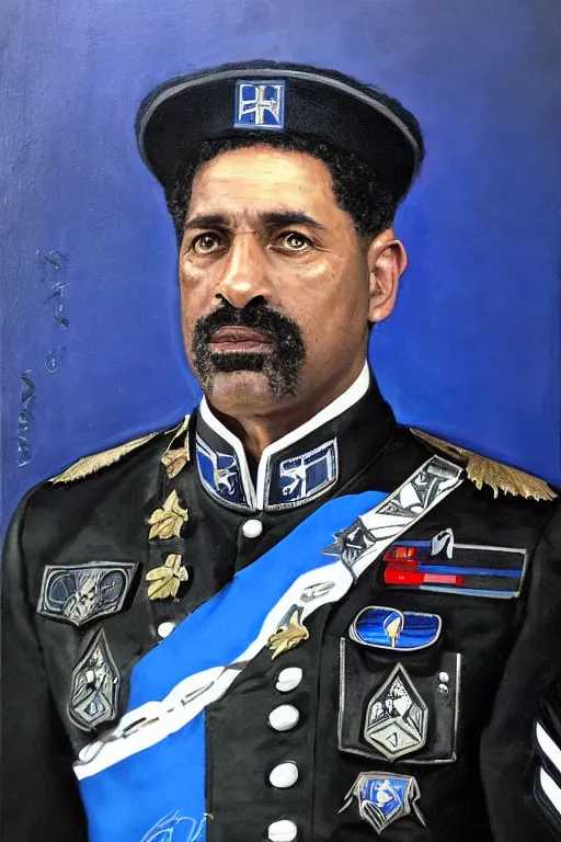 Image similar to full body portrait of the dictator of the orlando magic, 2 0 4 5, in full military garb, magic blue, silver, and black, oil on canvas by william sidney mount, trending on artstation, futuristic