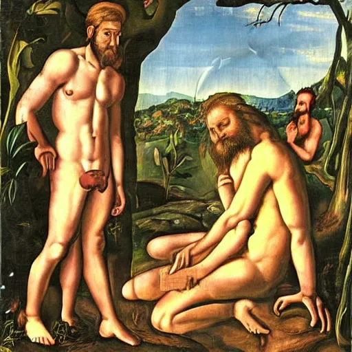 Image similar to God frowning in the Garden of Eden. Eve and Adam look guilty