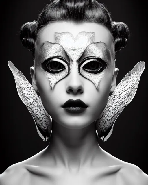 Image similar to surreal mythical dreamy dark artistic black and white fine art 3 / 4 fashion portrait photo of a young beautiful delicate female robot with realistic orchid - owl face, rim light, cinematic, studio dramatic light, poetic, masterpiece, octane render, 8 k, photo - realistic by hg giger and man ray