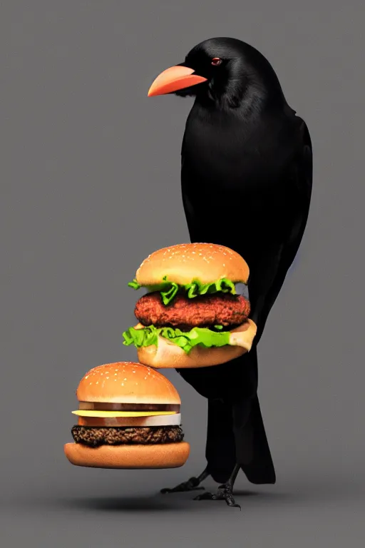 Prompt: a crow holding a cheeseburger, 3D render by beeple , octance render