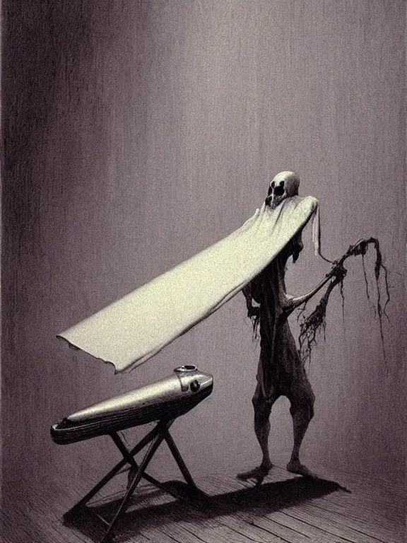 Image similar to a ghost ironing on an ironing board, art by beksinski, bernie wrightson, trending on artstation, optical illusion, horror film, creepypasta