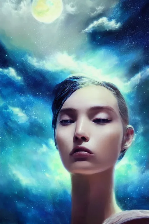 Prompt: sci - fi, close - up, 3 d, moon rays, stars, fashion model face closed eyes, cinematic, clouds, sun rays, vogue cover style, poster art, blue mood, realistic painting, intricate oil painting, high detail illustration, figurative art, multiple exposure, water, 3 d, by tooth wu and wlop and beeple and greg rutkowski