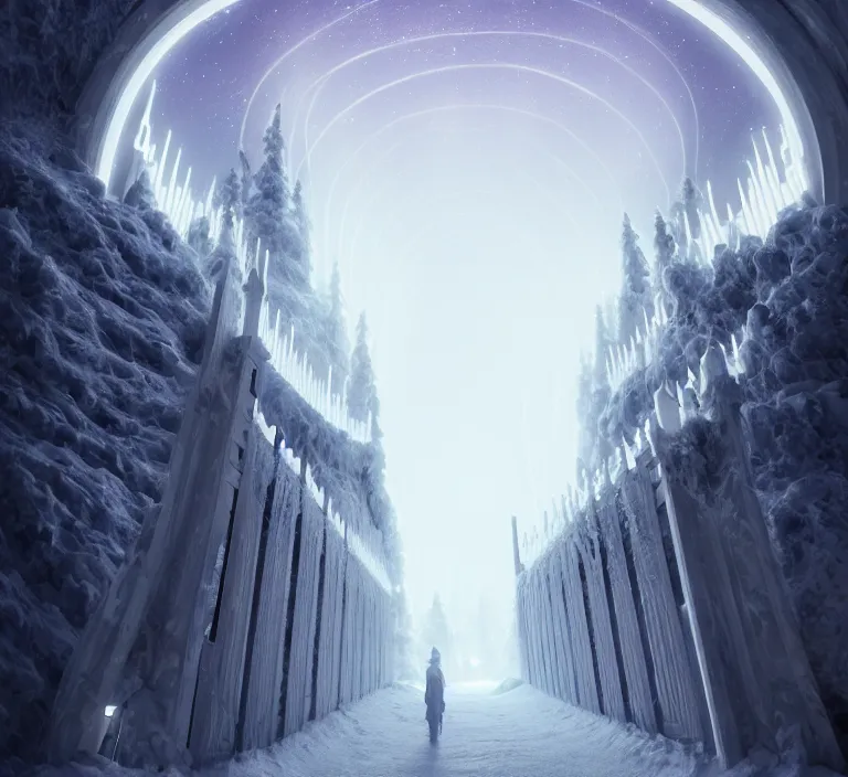 Image similar to a very detailed concept art of intricate and scandinavian white gates to aurora borealis infused with lights, trending on artstation, symmetry, digital art, 4 k, hyper realistic, octane render, sharp focus