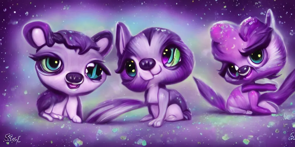 Prompt: 3 d purple - colored littlest pet shop purple raccoon, accessories, glittery wedding, ice cream, gothic, raven, rainbow, smiling, forest, moon, stars, master painter and art style of noel coypel, art of emile eisman - semenowsky, art of edouard bisson