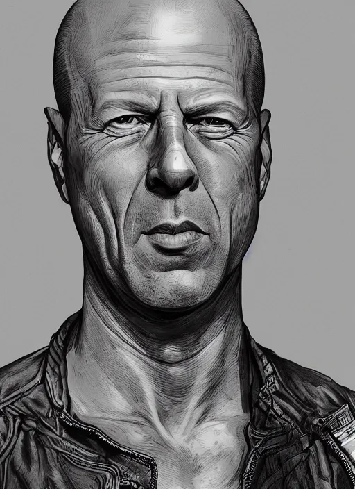 Prompt: highly detailed ink illustration of bruce willis, unreal engine, octane render, b & w clean shaped illustration by kim jung gi, ron english and eiichiro oda