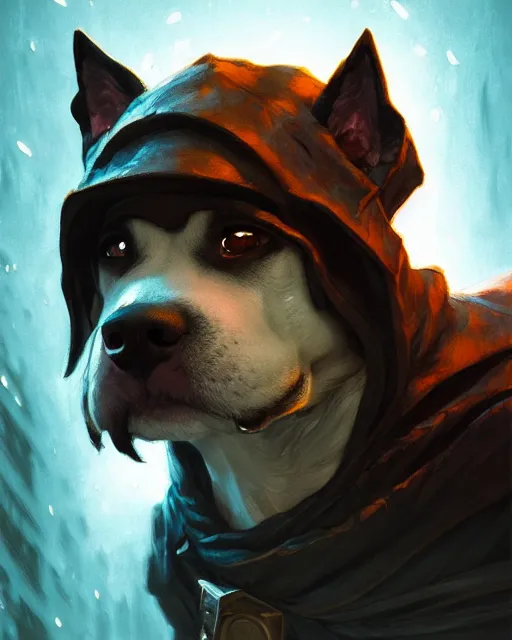 Image similar to Dog Thief, greedy, portrait, D&D, artstation, fantasy, magic the gathering artwork, cinematic lighting, centered, symmetrical, highly detailed, digital painting, , concept art, smooth, sharp focus, illustration, volumetric lighting, epic Composition, 8k, art by Akihiko Yoshida and Greg Rutkowski and Craig Mullins, oil painting, cgsociety