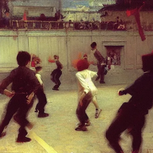 Image similar to a group of teenage boys doing the moonwalk. Ilya Repin and Ruan Jia.