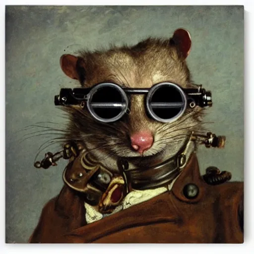 Image similar to a rat with steampunk googles, by GUSTAVE COURBET