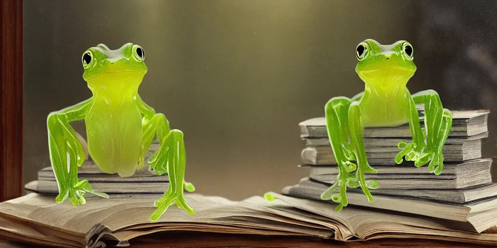 Prompt: Cute glass frog on a student's table haphazardly piled with fantasy books in front of a window with delicately detailed lace curtains. Evening, soft light rays in the rain. 8k. High detail. Calm