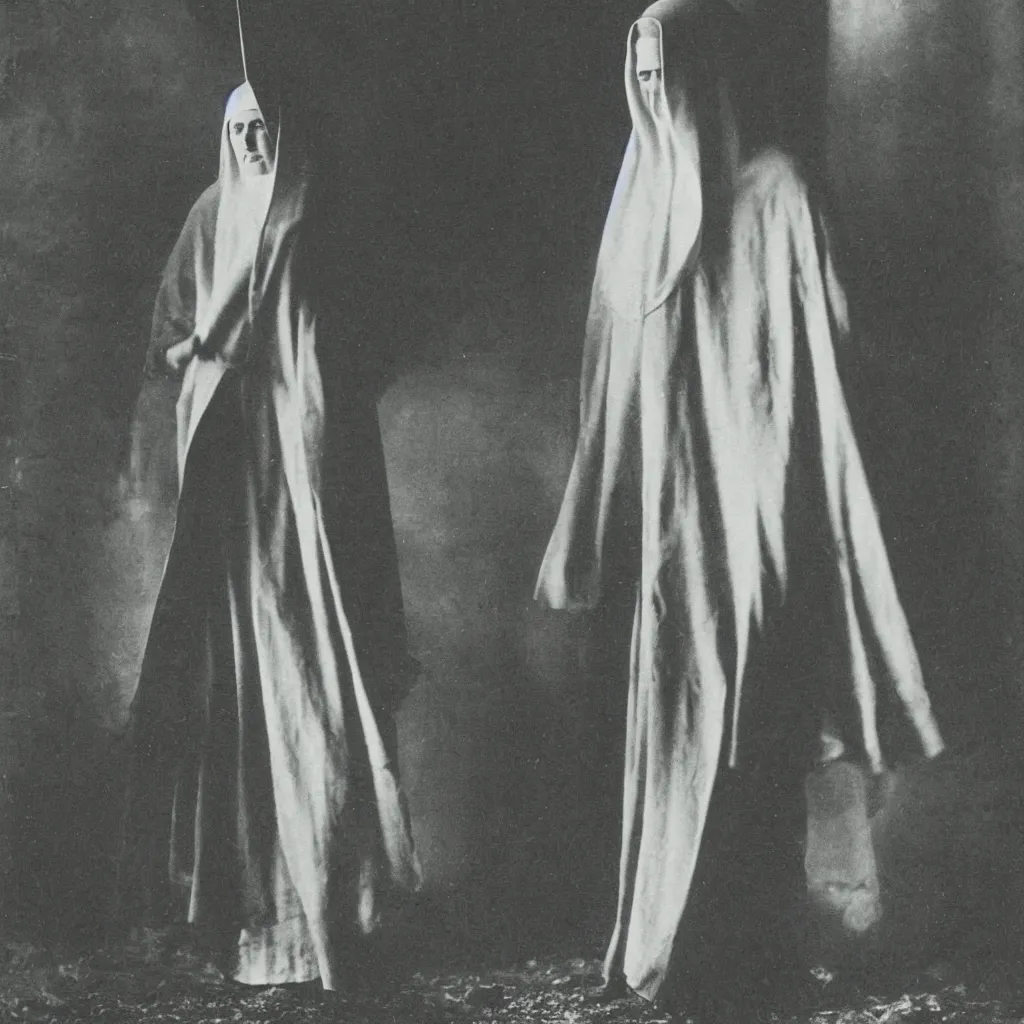 Image similar to old victorian era photograph of a very very tall mysterious nun, amazing depth, cinematic lighting.