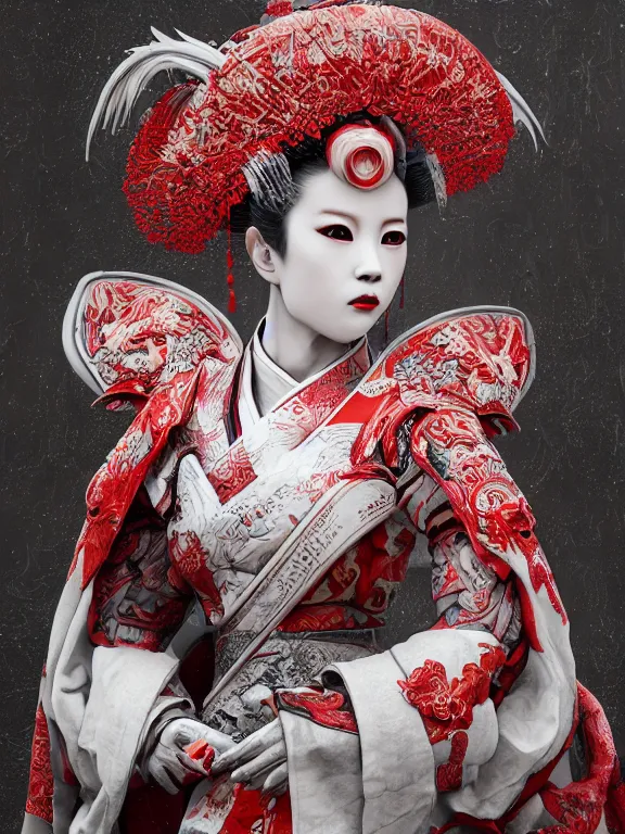 Image similar to portrait art of 8k ultra realistic geisha,intricate white and red mask, detailed intricate ornate armour,decaying, cybernetic, full of colour, cinematic lighting, battered, trending on artstation, 4k, hyperrealistic, focused, extreme details,unreal engine 5, cinematic, masterpiece, art by ayami kojima, giger