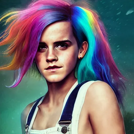 Prompt: realistic emma watson with rainbow hair, soft eyes and narrow chin, dainty figure, long hair straight down, torn overalls, short shorts, combat boots, wet tshirt, raining, basic white background, side boob, symmetrical, single person, style of by Jordan Grimmer and greg rutkowski, crisp lines and color,