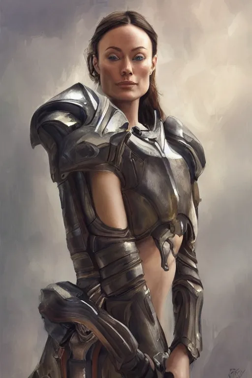 Image similar to a professional painting of a young Olivia Wilde, clothes in military armor, olive skin, long dark hair, beautiful bone structure, symmetrical facial features, intricate, elegant, digital painting, concept art, smooth, sharp focus, illustration, from StarCraft by Ruan Jia and Mandy Jurgens and Artgerm and William-Adolphe Bouguerea