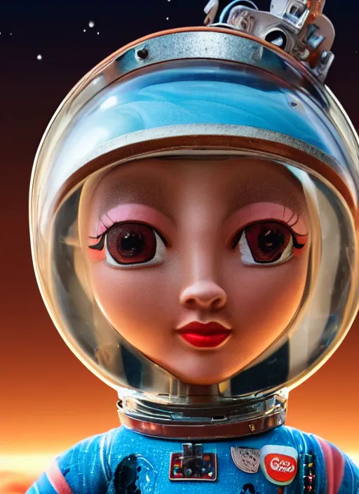 Image similar to closeup portrait of tin toy askimo spacegirl in a spaceship on mars, depth of field, zeiss lens, detailed, symmetrical, centered, fashion photoshoot, by nicoletta ceccoli, mark ryden, lostfish, breathtaking, 8 k resolution, extremely detailed, beautiful, establishing shot, artistic, hyperrealistic, octane render