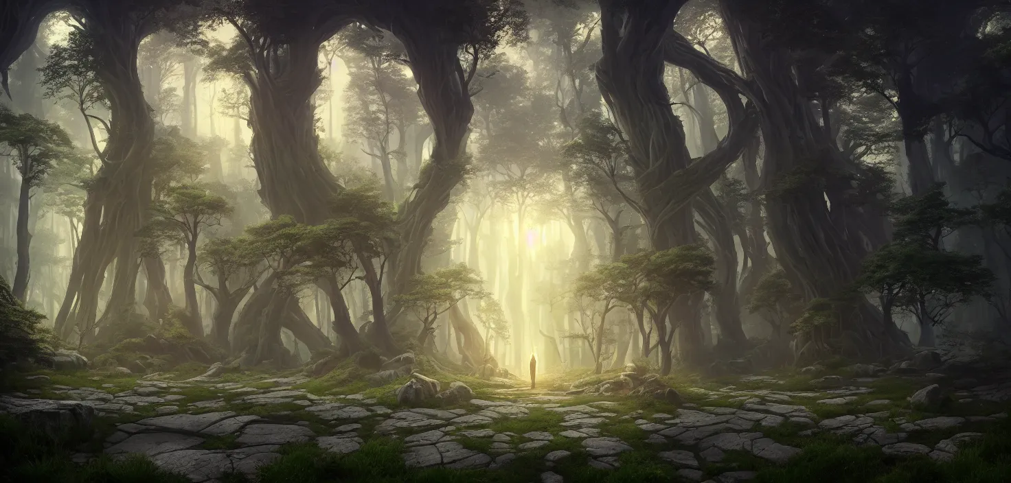 Image similar to random mystic forest huge house landscape, big glowing magic giant portal, huge central symmetrical composition, incredible, vector art, octane render, fabulous, hyper detailed, random cinematic view, no noise, global illumination, warm lighting, volumetric, godrays, vivid, beautiful, by jordan grimmer