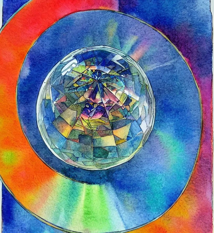 Image similar to a 1988 watercolor and ink illustration of an intricate and faceted crystal ball with a world inside of it + dissolving in to light + prism + god rays + dramatic lightning + backlit + specular + caustics