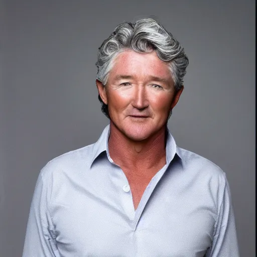 Image similar to patrick duffy, he has very long length straight grey hair, wearing a white shirt