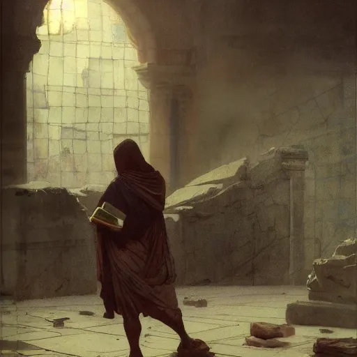 Image similar to portait of magican wearing a closed cerimonial cowl and big old book! chained to the wrist, jeremy mann, jean - leon gerome, tiepolo, alphonse mucha, greg rutkowski, face in the shadows, ( ( ruins of ancient rome ) ), at dusk, mysterious atmosphere, sunrays, dof, high detailed, 8 k