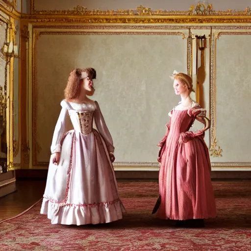 Image similar to two young attractive beautiful scandinavian women wearing an 1 8 th century dress in versailles, cinematic, 8 k hdr, detailed, hyperrealistic