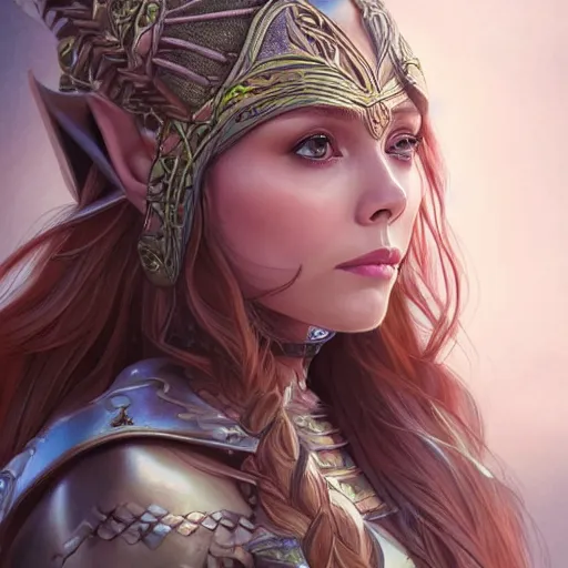 Image similar to Elizabeth Olsen as a elf archer, cute, fantasy, intricate, elegant, highly detailed, centered, digital painting, artstation, concept art, smooth, sharp focus, illustration, art by artgerm and H R Giger and alphonse mucha