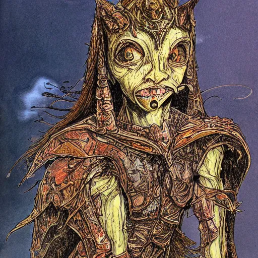 Prompt: portrait of ethereal young goblin princess in golden armour by Ian Miller