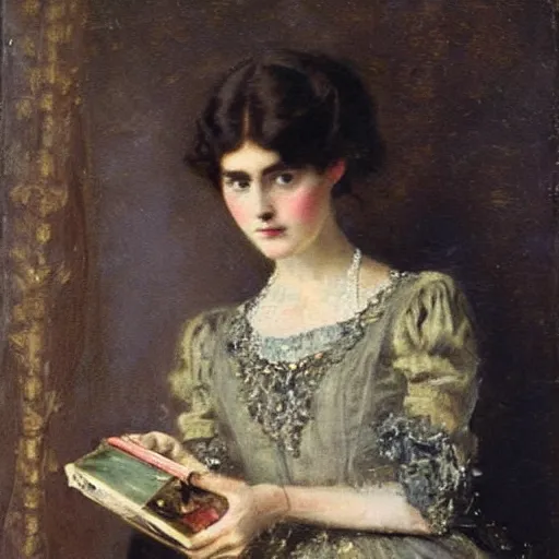 Image similar to young victorian lady in ball gown, absent - minded, holding a book, high hand detail!, painted by alfred stevens