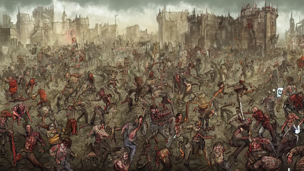 Image similar to hords of zombies flood the medival city, digital art by Jamey Jones,