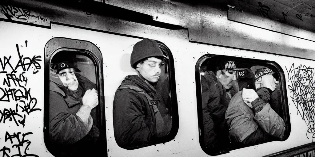 Image similar to new york subway cabin 1 9 8 0 s inside all in graffiti, man in carhartt jacket closeup, policeman closeup, film photography, exposed b & w photography, christopher morris photography, bruce davidson photography