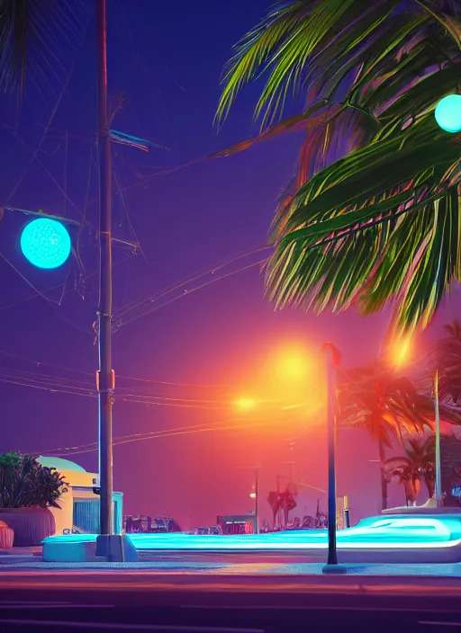 Image similar to night time neon, Art Deco, in SANTORINI island, palm trees, crystal clear neon water, starry night, Trending artstation, octane render, cgsociety, surrealist, cinematic, shadow of the tomb rider