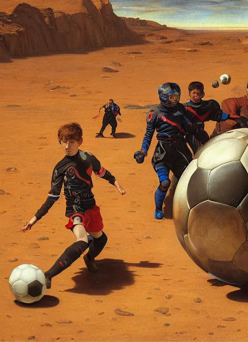 Prompt: a soccer match on mars by edgar maxence and caravaggio and michael whelan and delacroix style, artistic, intricate painting, cinematic lighting, hyper realistic, extremely detailed, establishing shot, 8 k resolution, dramatic lighting