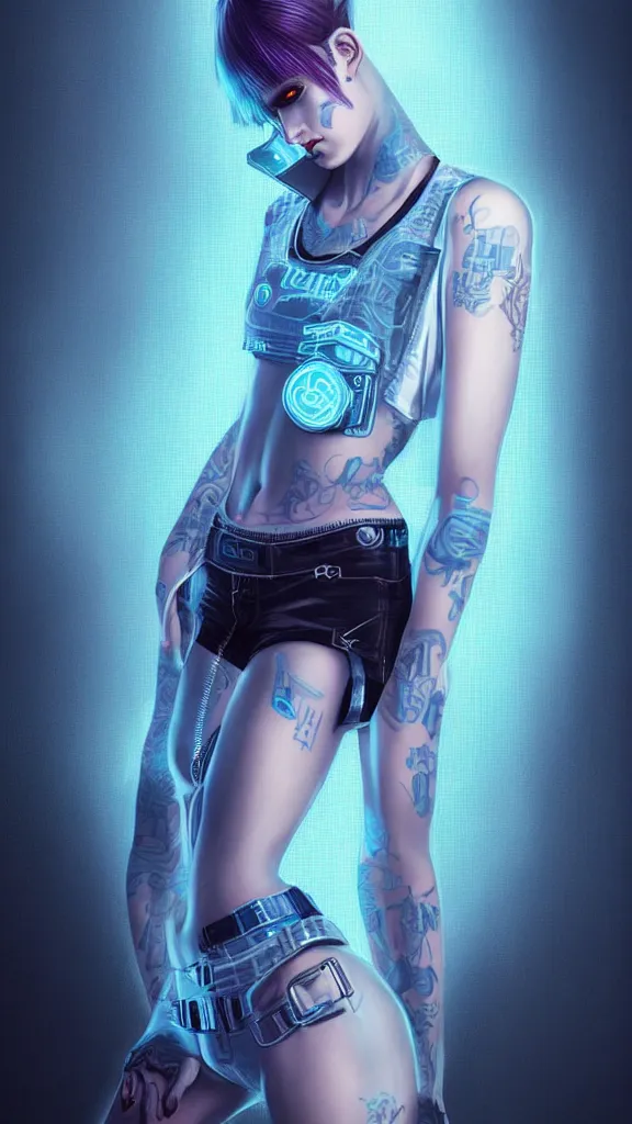 Image similar to full body shot of young woman punk dressed in cyberpunk clothing, soft blue light, by rineke dijkstra and artgerm, intricate details, highly detailed, sharp focus, masterpiece, 8 5 mm