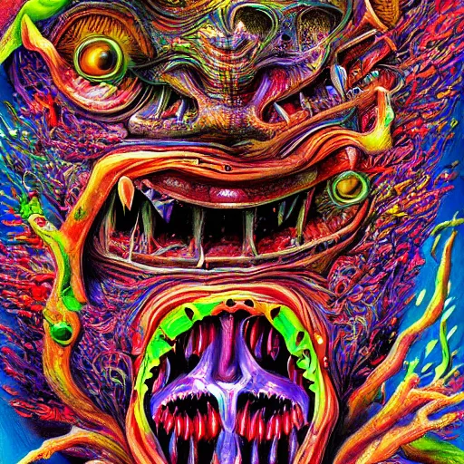 Image similar to a high hyper - detailed painting with complex textures of the face of contradictions in fusion, when determinism and the indeterminate play strange syntheses awakening chaotic, deformed beings and rebellious monsters made of candies and psychotropic psychoactive substances psychedelic fulcolor spiritual chaos surrealism horror bizarre psycho art