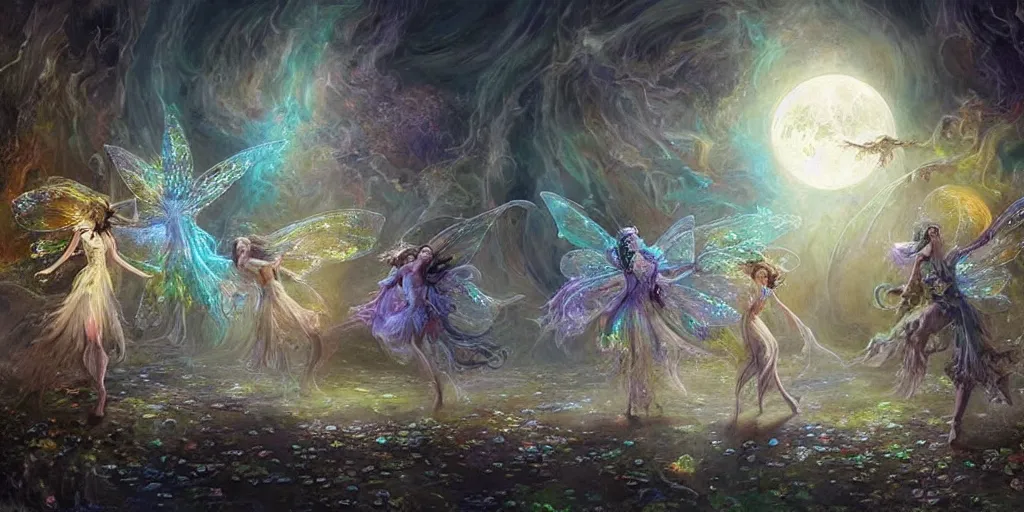 Prompt: concept art of translucent glowing fairies dancing, lovecraftian, renaissance, melting, round moon, rich clouds, fighting the horrors of the unknown, moon rocks, very detailed, volumetric light, mist, fine art, decaying, textured oil over canvas, epic fantasy art, very colorful, ornate intricate shiny scales