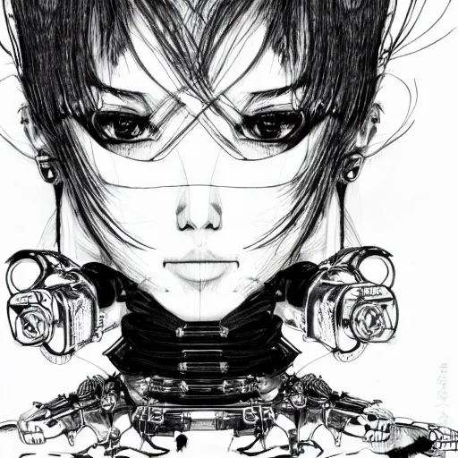 Prompt: punk robot girl, face portrait by makoto kobayashi and nihei tsutomu, pen sketch on paper, mechanical, cables