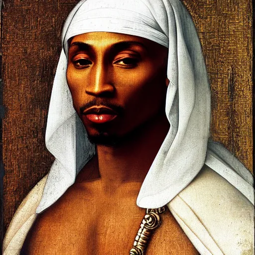 Image similar to A Renaissance portrait painting of Tupac Shakur by Giovanni Bellini and Leonardo da Vinci. 8k detailed painting Tupac