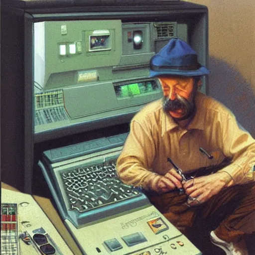 Prompt: man sitting in front of retro 80s computer smoking a cigarette, camera behind, art by Donato Giancola and James Gurney, digital art, trending on artstation