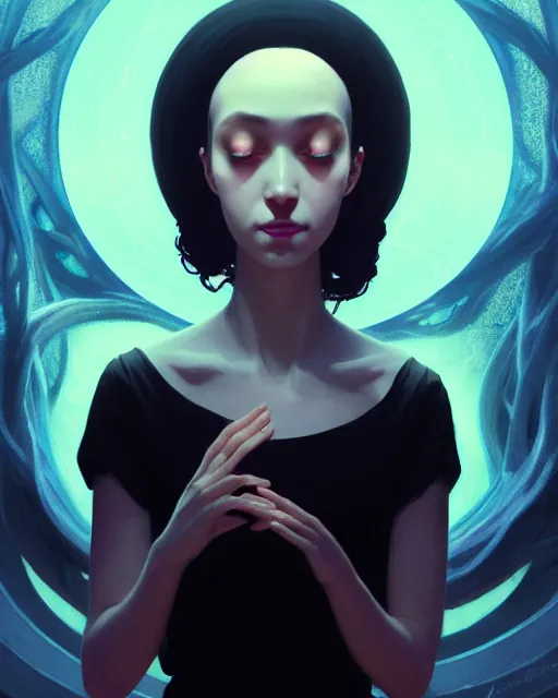 Image similar to high angle picture of a black dress witch researching about the azathoth, model pose, very brightening eyes, huge magic circles on the hand, magic and fantasy, extremely beautiful and aesthetic and detailed cute face, specular reflection, occlusion shadow, intricate, masterpiece, by ilya kuvshinov and jeremy lipking and quentin mabille