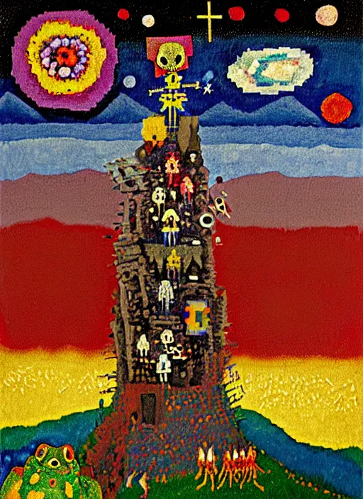 Image similar to pixel decollage painting tarot lovers card composition tower of babel road red armor maggot bear and wonky alien frog skeleton knight on a horse in a dark red cloudy night sky with golden foil jewish stars and diamonds, mountain lake and blossoming field in background, painted by Mark Rothko, Helen Frankenthaler, Danny Fox and Hilma af Klint, pixelated, neo expressionism, semi naive, pastel colors, cinematic, color field painting, cave painting, voxel, pop art look, outsider art, minimalistic. Bill Traylor painting, part by Philip Guston, Amano and Francis Bacon. art by Adrian Ghenie and Storm Thorgerson, very coherent symmetrical artwork, cinematic, hyper realism, high detail, octane render, unreal engine, Smooth gradients, depth of field, full body character drawing, extremely detailed, 8k, extreme detail, intricate detail, masterpiece