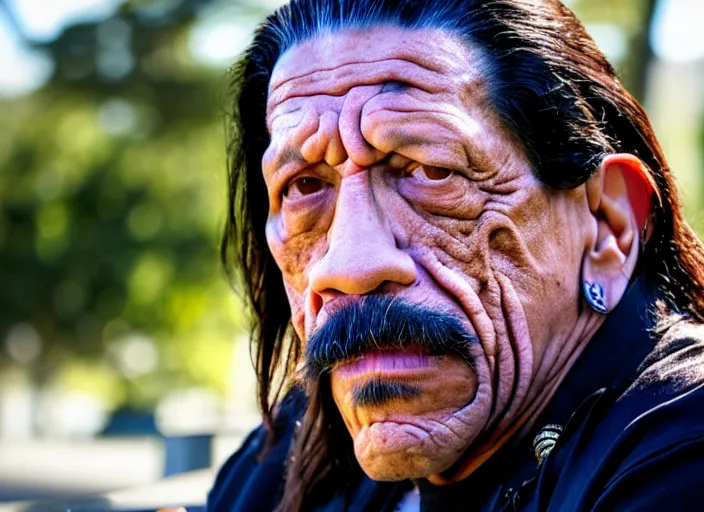 Image similar to photo of sad danny trejo sitting on a park bench crying, 8 k, sunny day